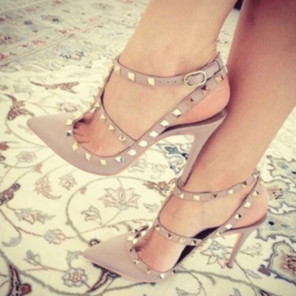 FSJ Nude Slingback T Strap Heels
